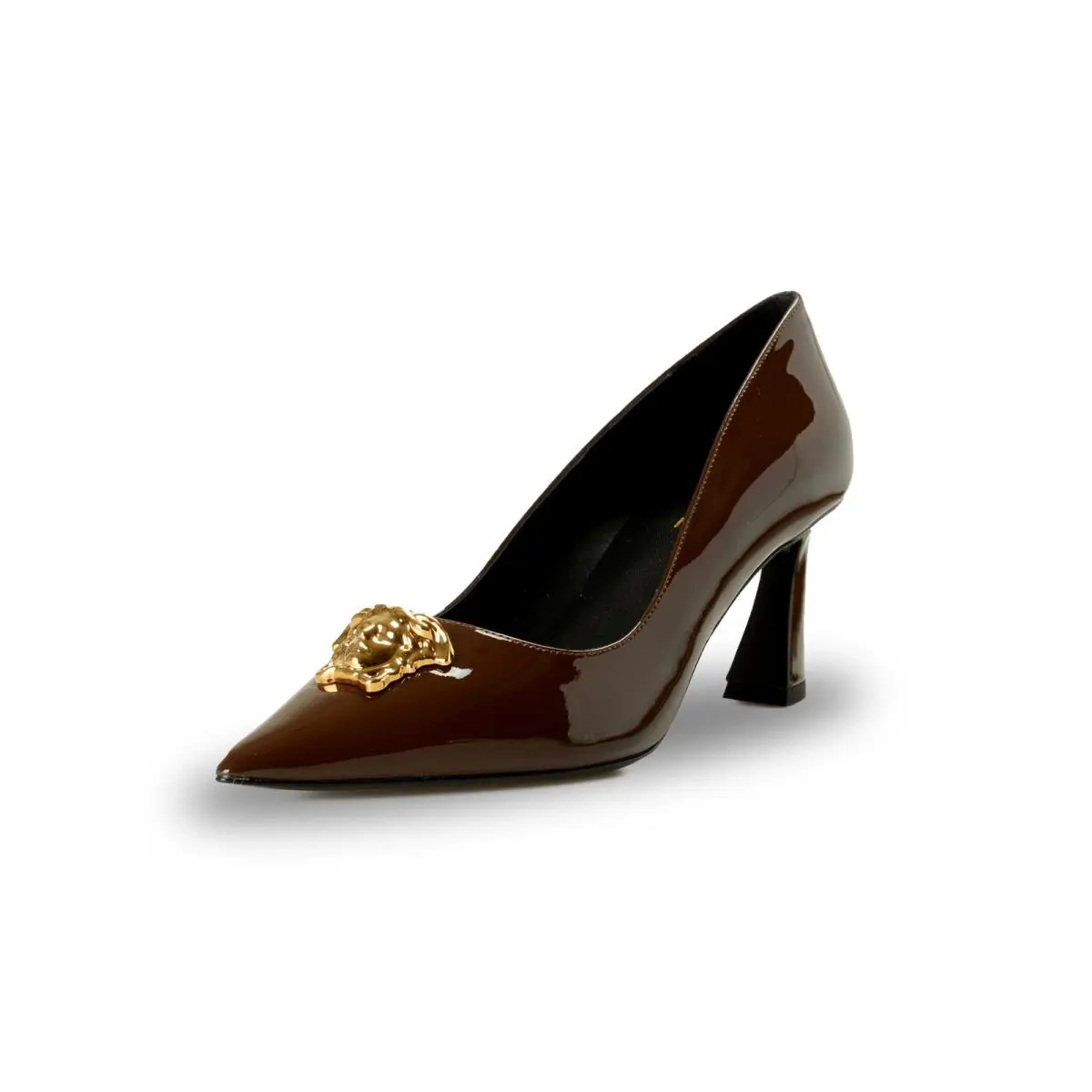 Versace Women`s Gold Medusa Chocolate Patent Leather Pump Shoes US 6 IT 36 - Chocolate Brown/Gold