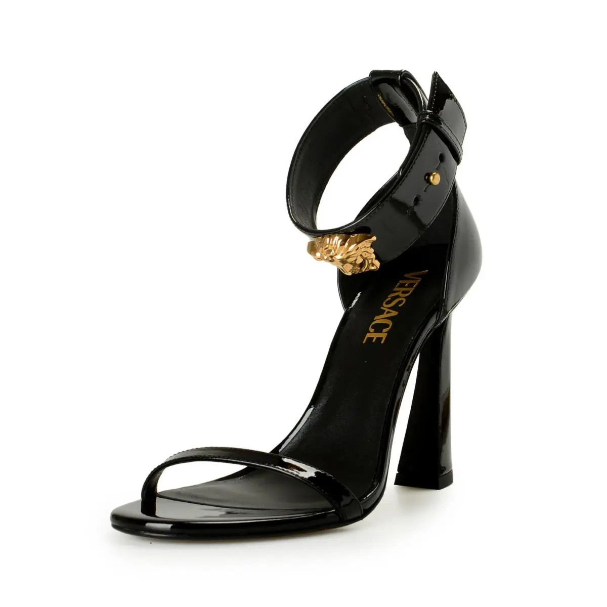 Versace Women`s Gold Medusa Patent Leather Ankle Wrap Pumps Shoes US 11 IT 41 - Black/Gold