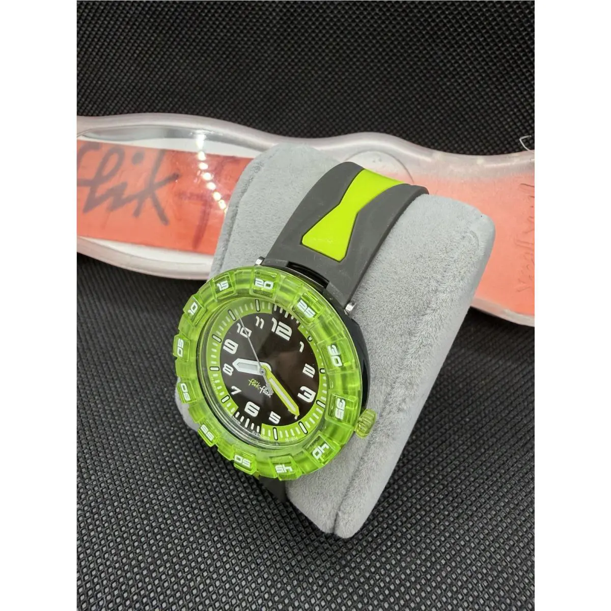 Flik Flak Power Time Swiss Watch Green Black Sport w/ Case Ruler Swatch
