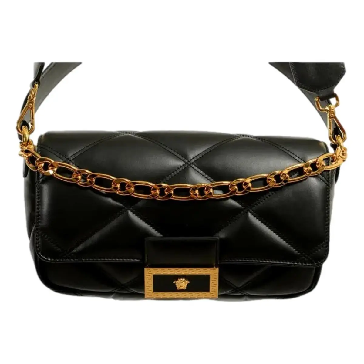 Versace La Medusa Quilted Calfskin Leather Black Crossbody Bag Gold Cha