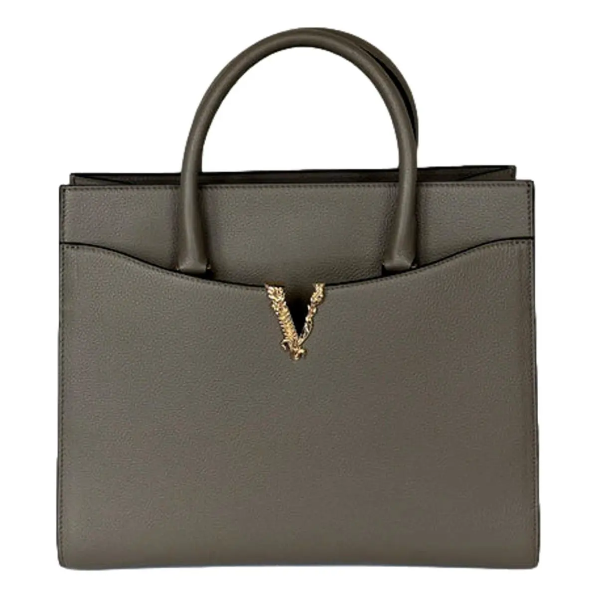 Virtus Calfskin Leather Medium Top Handle Tote Taupe Grey by Versace