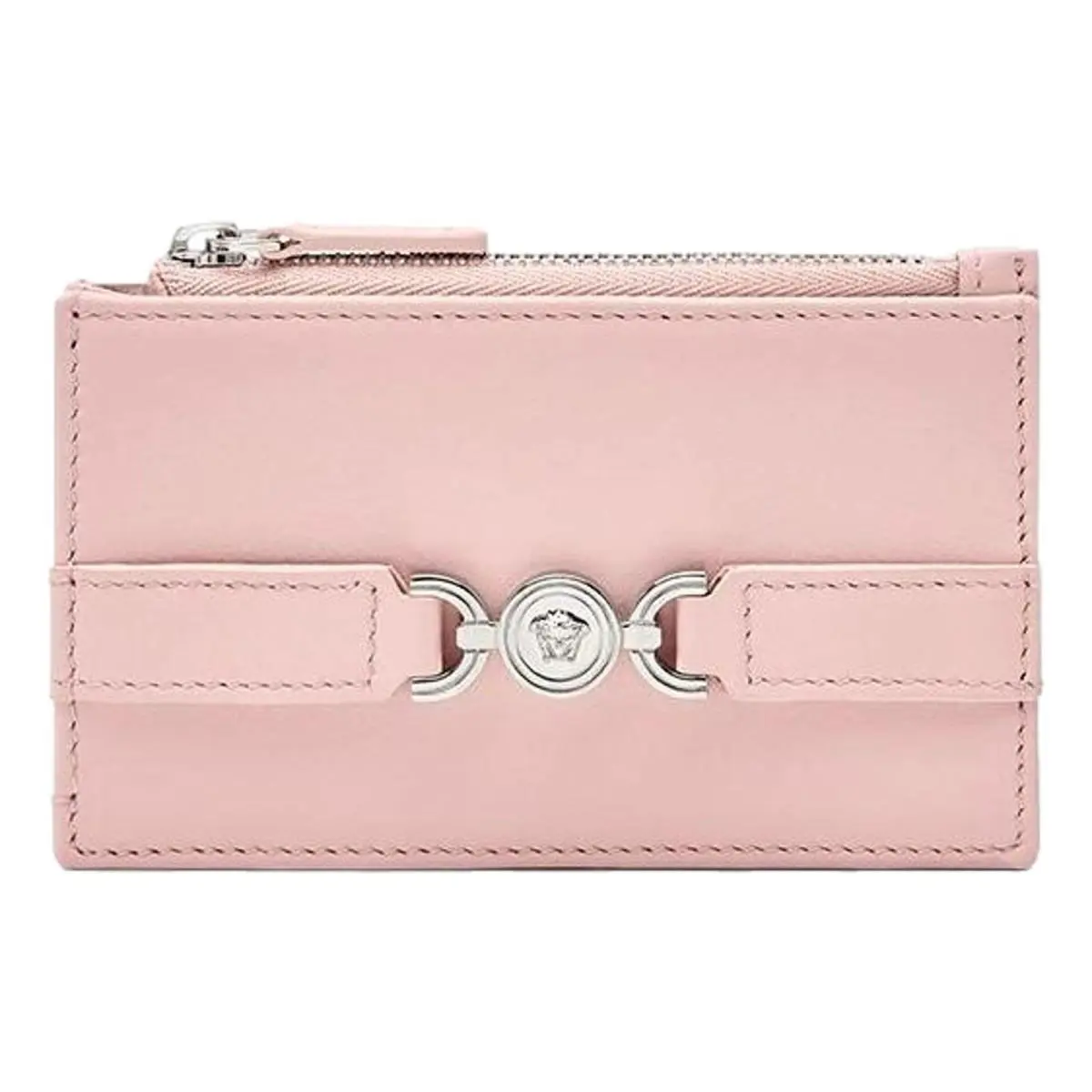 Versace Medusa Dusty Pink Leather Zipper Card Holder Slim Wallet Italy