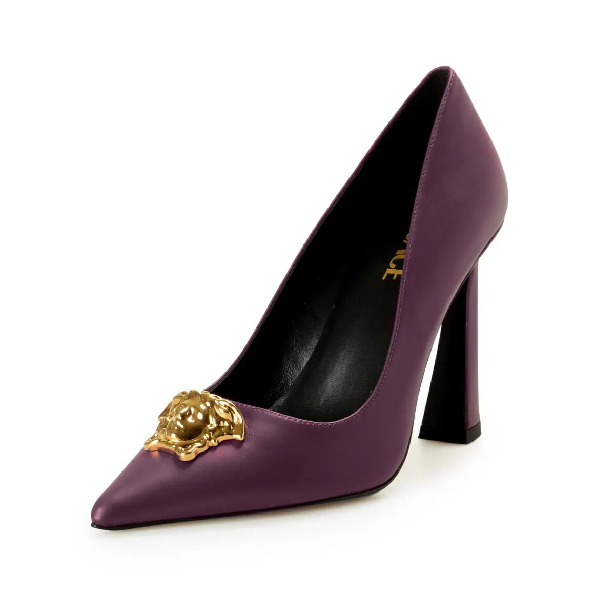 Versace Women`s Gold Medusa Deep Purple Leather Pump Shoes US 9 IT 39