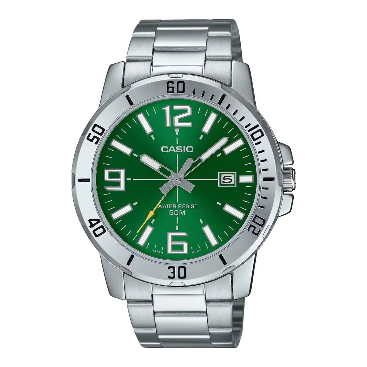 Casio MTP-VD01D-3BV Men`s Enticer Stainless Steel Green Dial Casual Sport Watch - Dial: Green, Band: Silver, Bezel: Silver