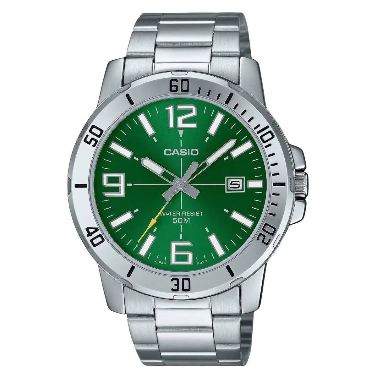 Casio Standard Analog Green Dial Sports Quartz MTP-VD01D-3BV Men`s Watch - Dial: Green, Band: Silver, Bezel: Silver