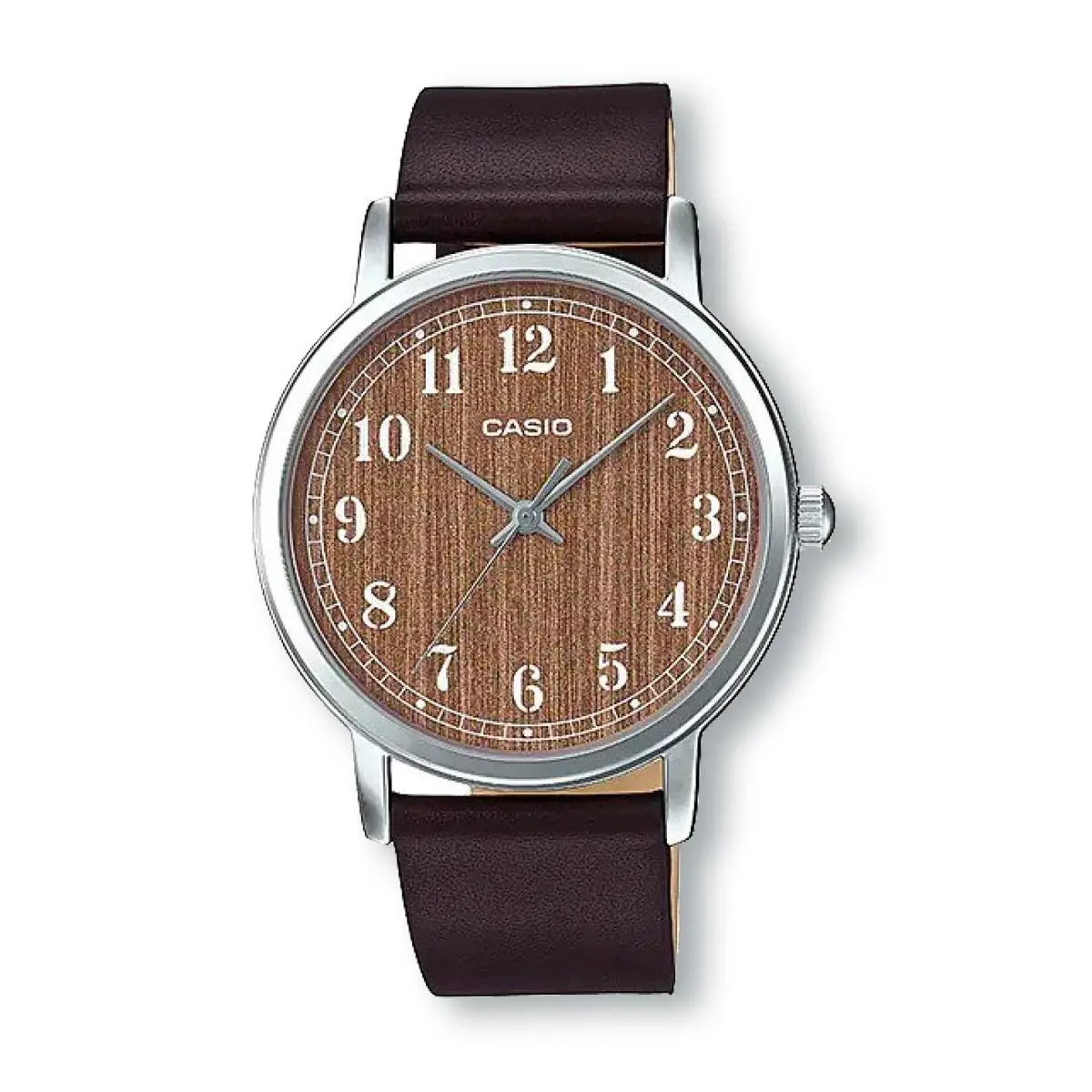 Casio MTPE145L-5B2 Wood Pattern Dial Leather Band Analog Watch Light Brown