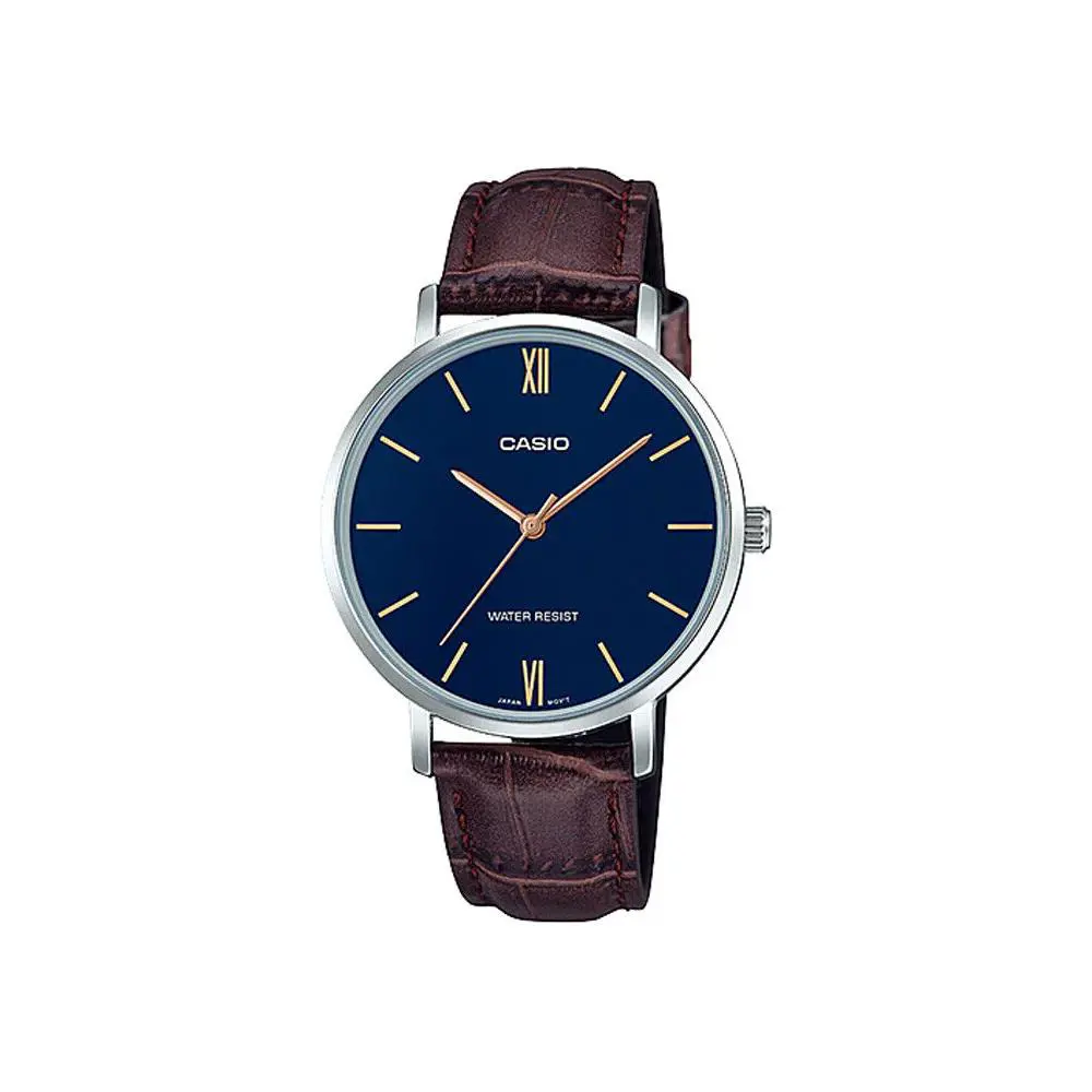 Casio LTP-VT01L-2B Women`s Minimalistic Blue Dial Brown Leather Band Watch