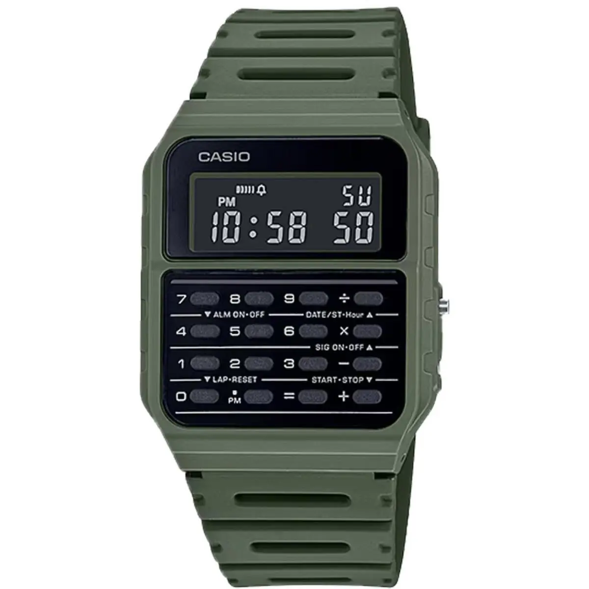 Casio Men`s Watch Dual Time Black Digital Dial Green Rubber Strap CA-53WF-3BCF