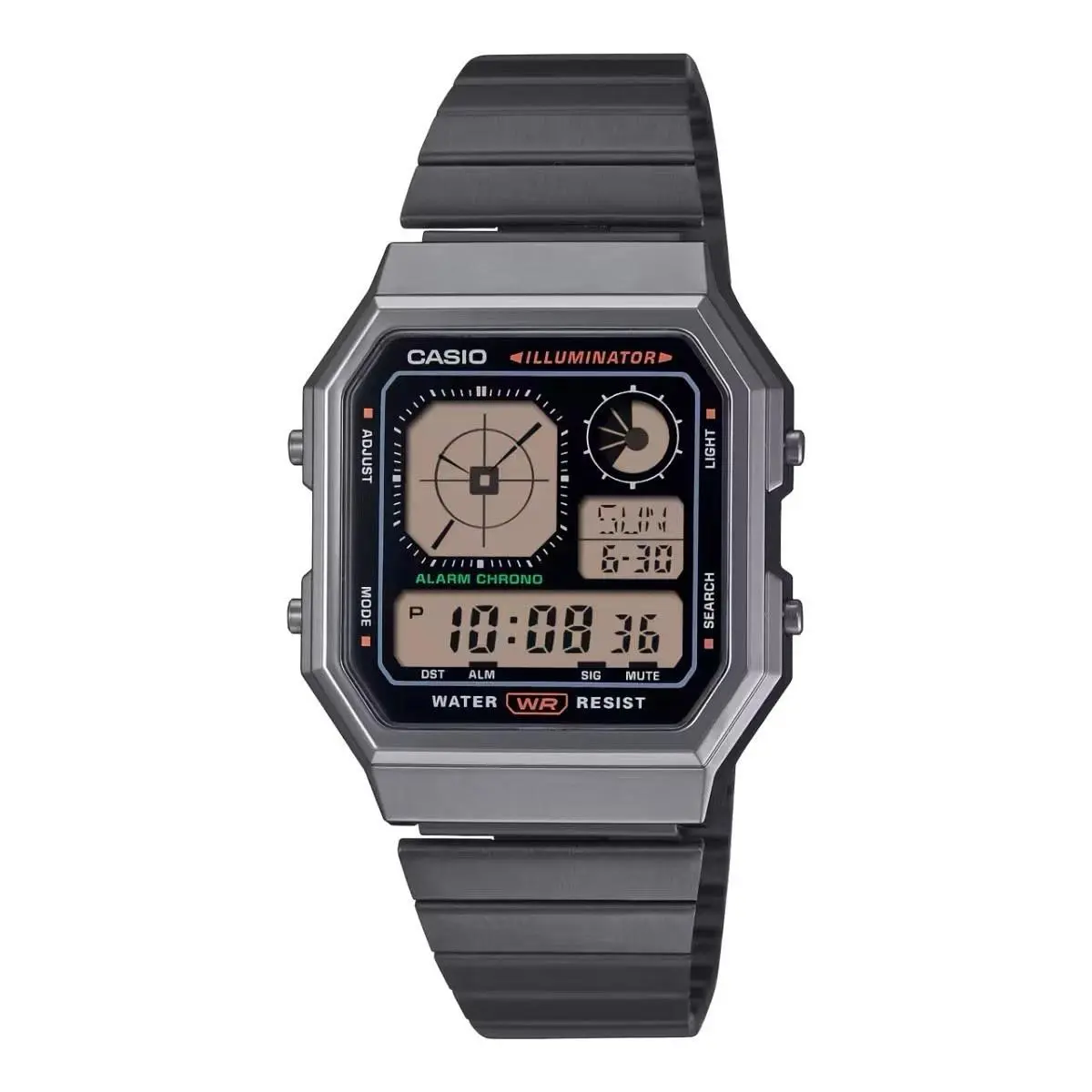 A130WEGG-1A Vintage Digital Watch Gunmetal Grey Steel Band Retro by Casio