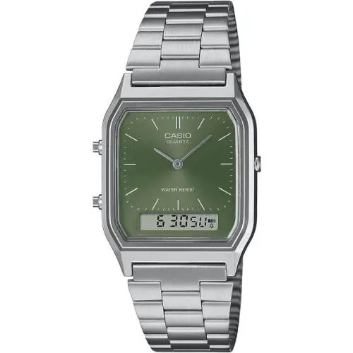Casio Vintage Ana/digi Green Dial Stainless Steel Unisex Watch AQ-230A-3AMQY