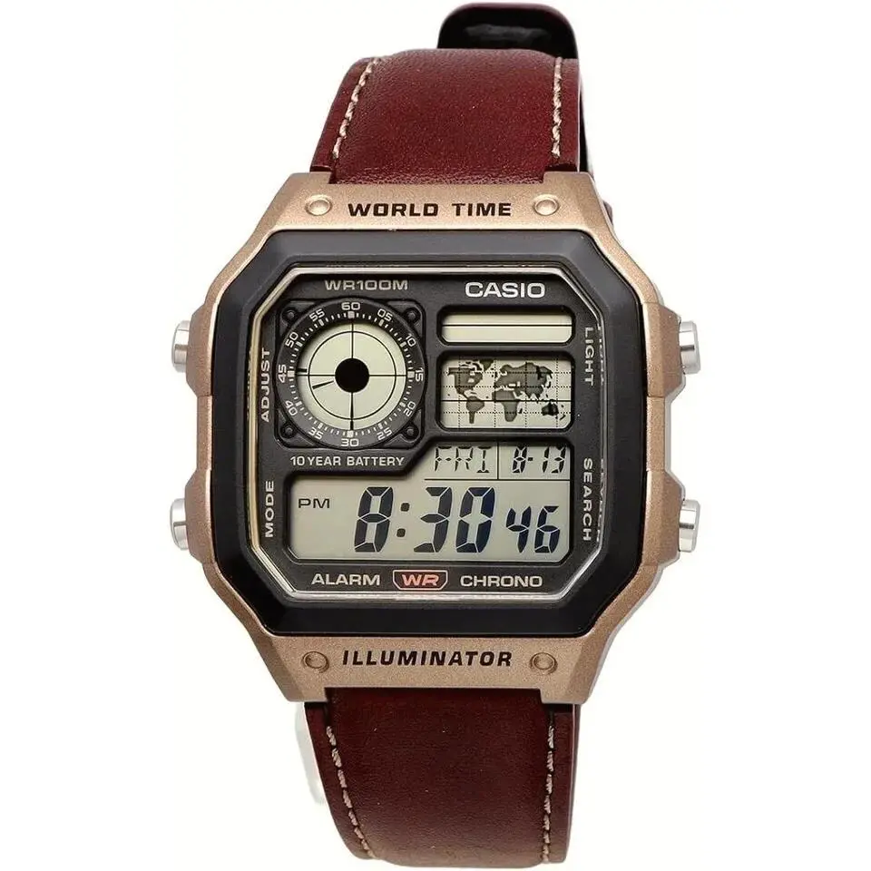 Standard Digital World Time Leather Strap Quartz AE-1200WHL-5AV 100M Men S by Casio