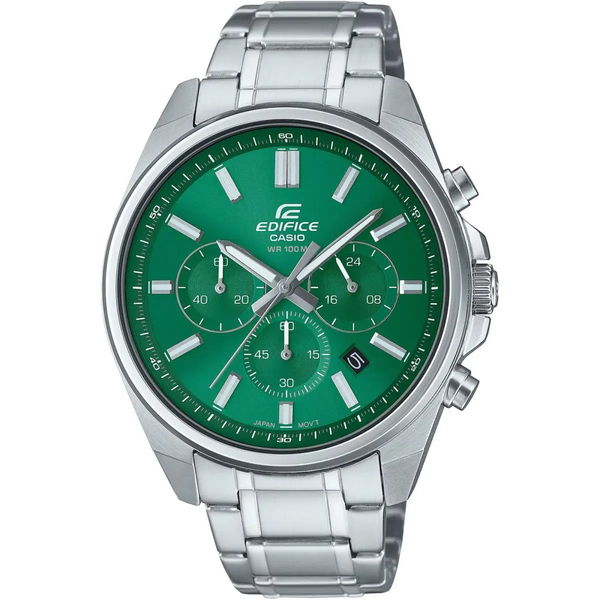 Men`s Watch Edifice Chrono Green Dial Silver Steel Bracelet EFV-650D-3AVCR by Casio
