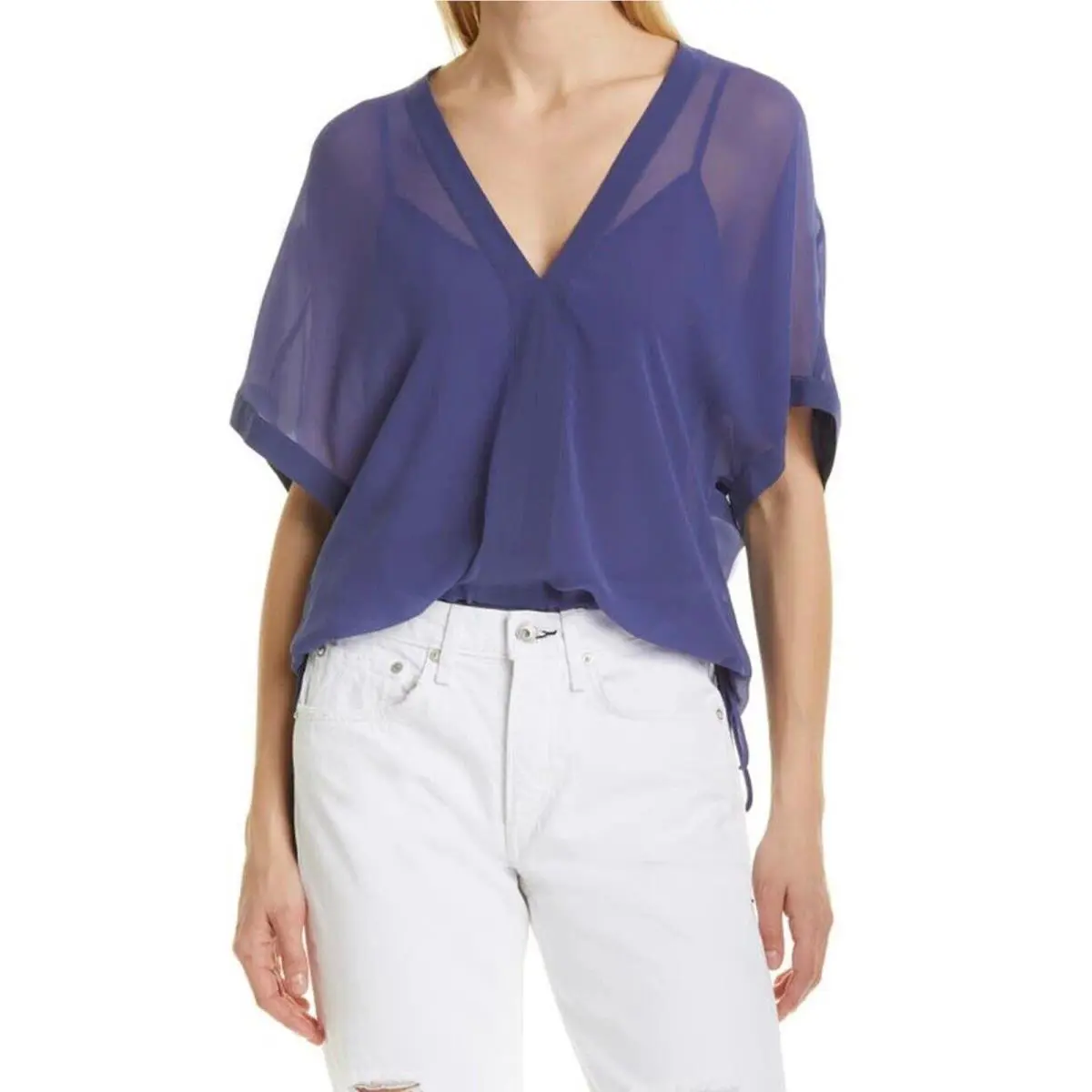 Rag Bone Women Blue Mesh Elysse Casual Relaxed V-neck Elegant Blouse Size S