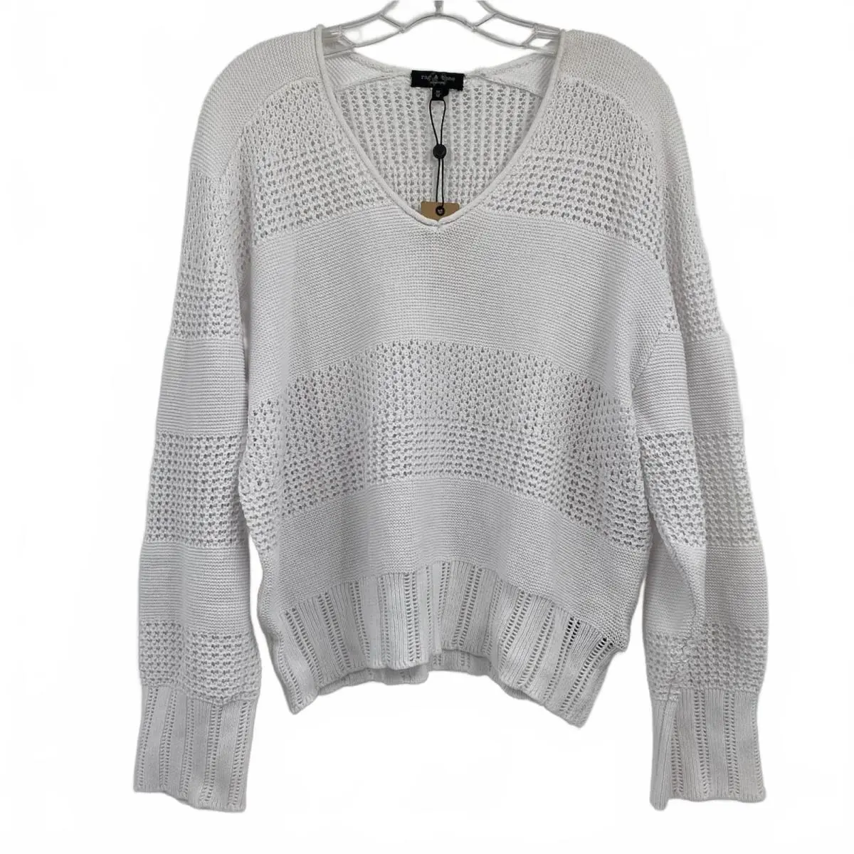 Rag Bone White Open Knit V-neck Pullover M Regular