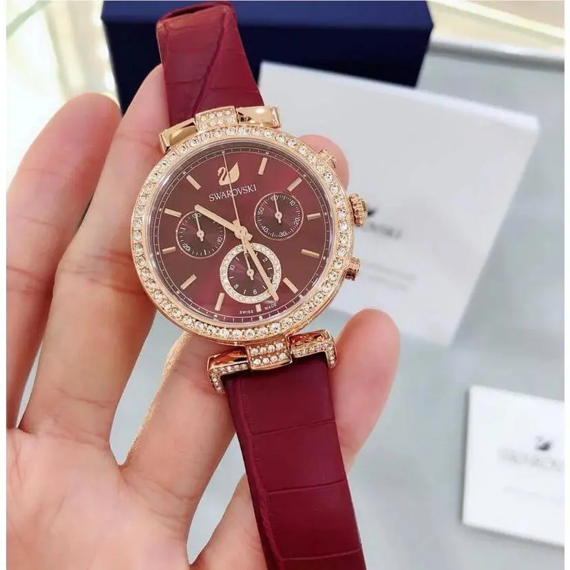 Swarovski 5416701 Era Journey Crystal Rose Gold Dial Red Leather Strap Watch
