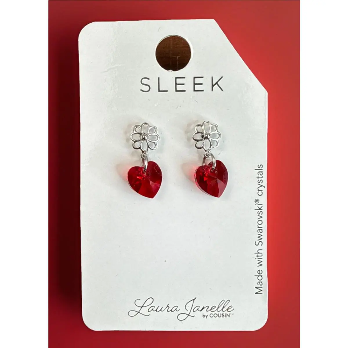 Laura Janelle Swarovski Crystal Earrings Red Heart w/ Flower Silver Stud Nip