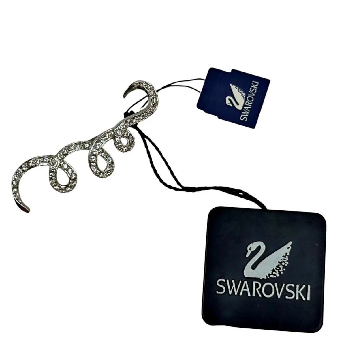 Swarovski Crystal Swirl Ribbon Bar Curly Brooch Pin Signed Silver Tone 2