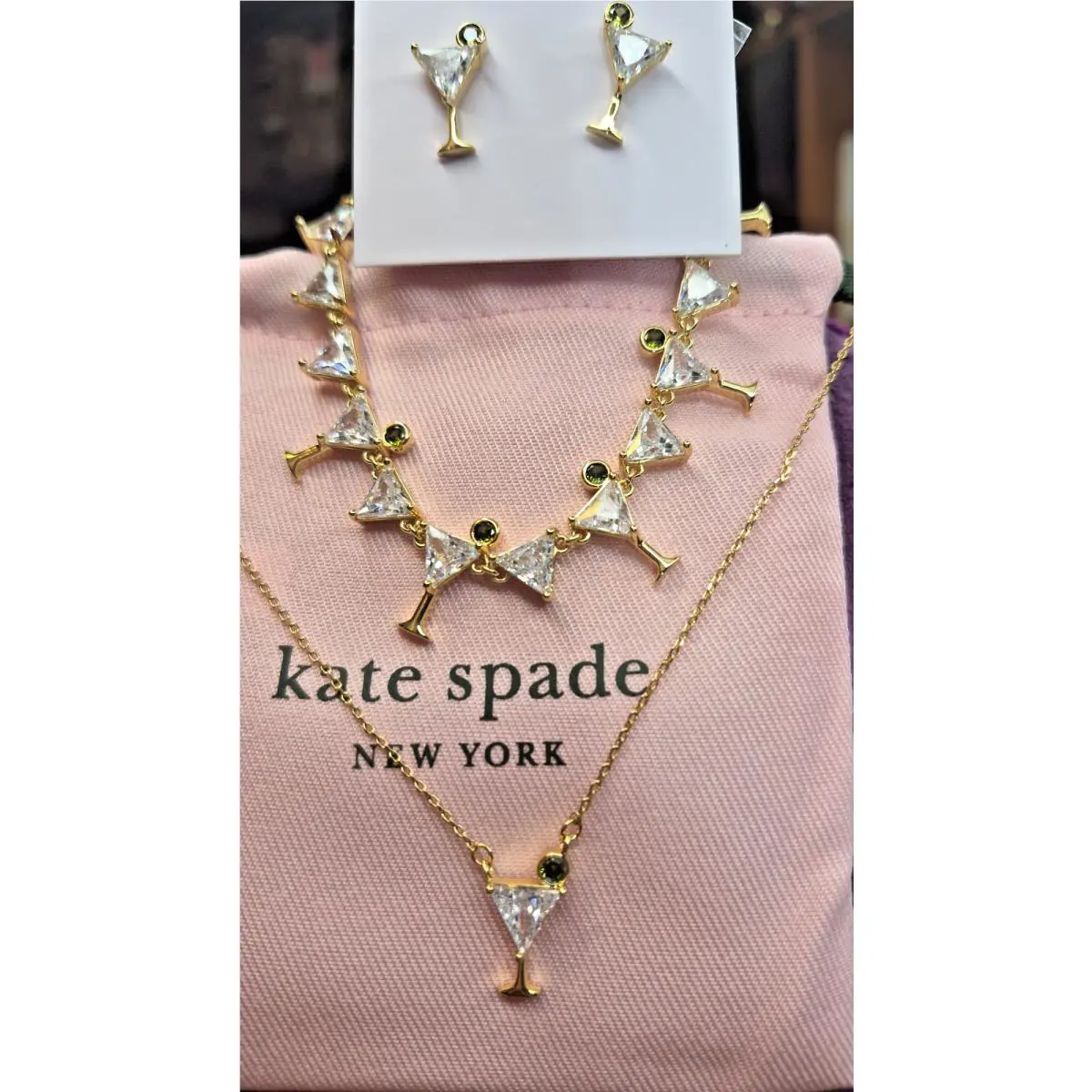 Kate Spade Martini Glass Jewelry Set Necklace Earrings Bracelet Gold Crystal New