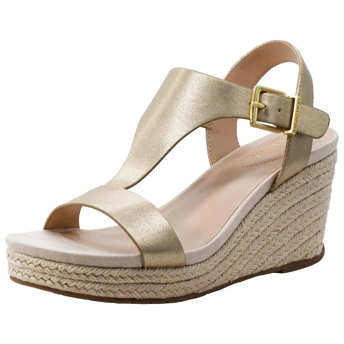 Reaction Women`s T-strap Wedge Sandal Black 7.5 M US soft gold pu by Kenneth Cole