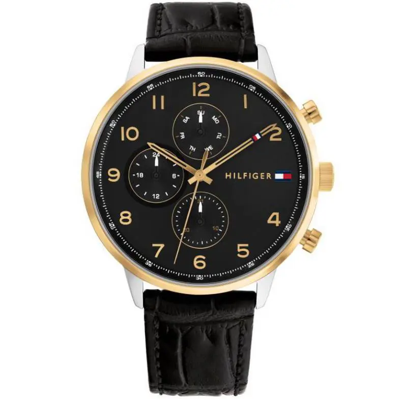 Tommy Hilfiger Multifunction Black Dial Black Leather Men’s Watch – 1791986 - Dial: Black, Band: Black, Bezel: Gold