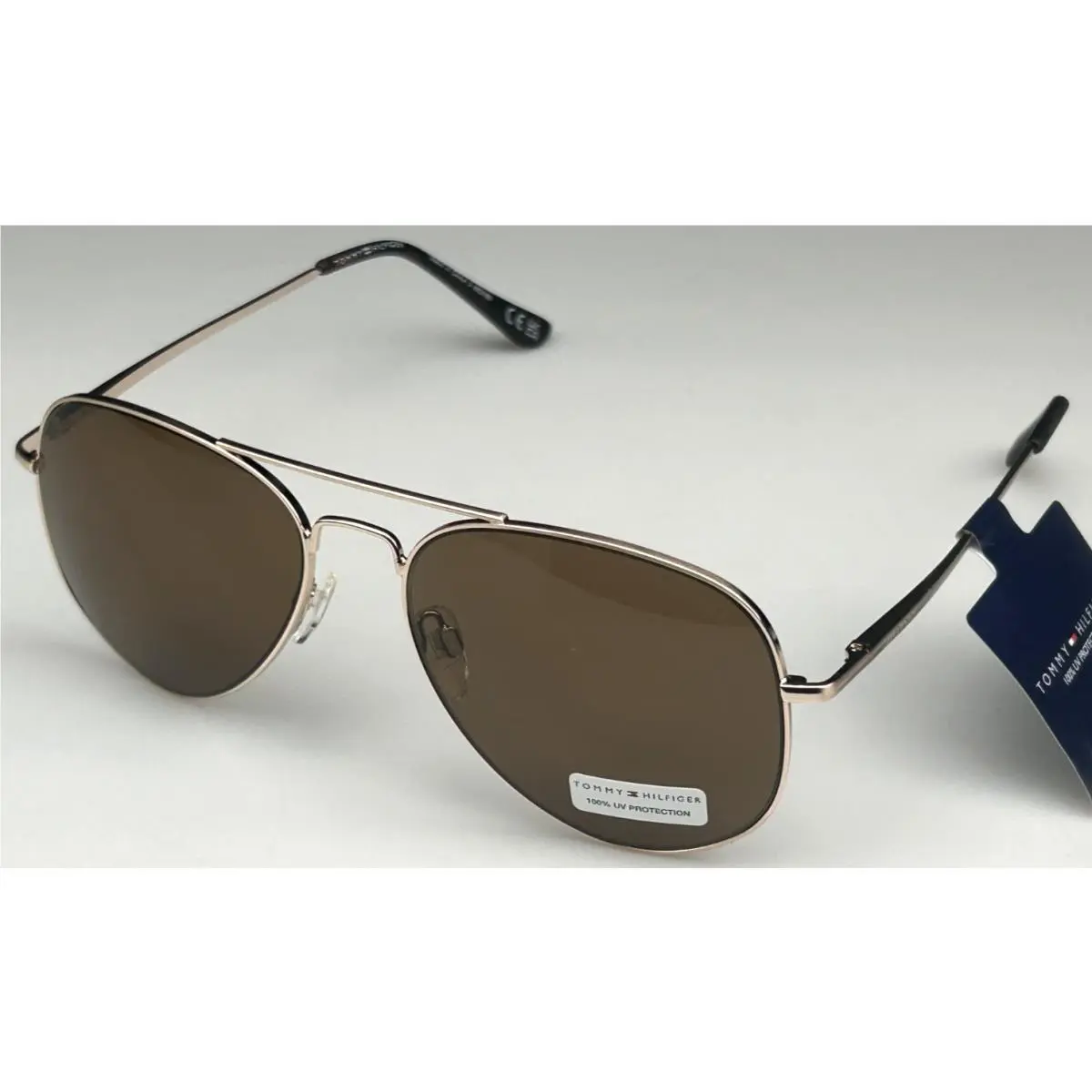 Men`s 57mm Gold Frame Brown Lens Aviator Sunglasses by Tommy Hilfiger