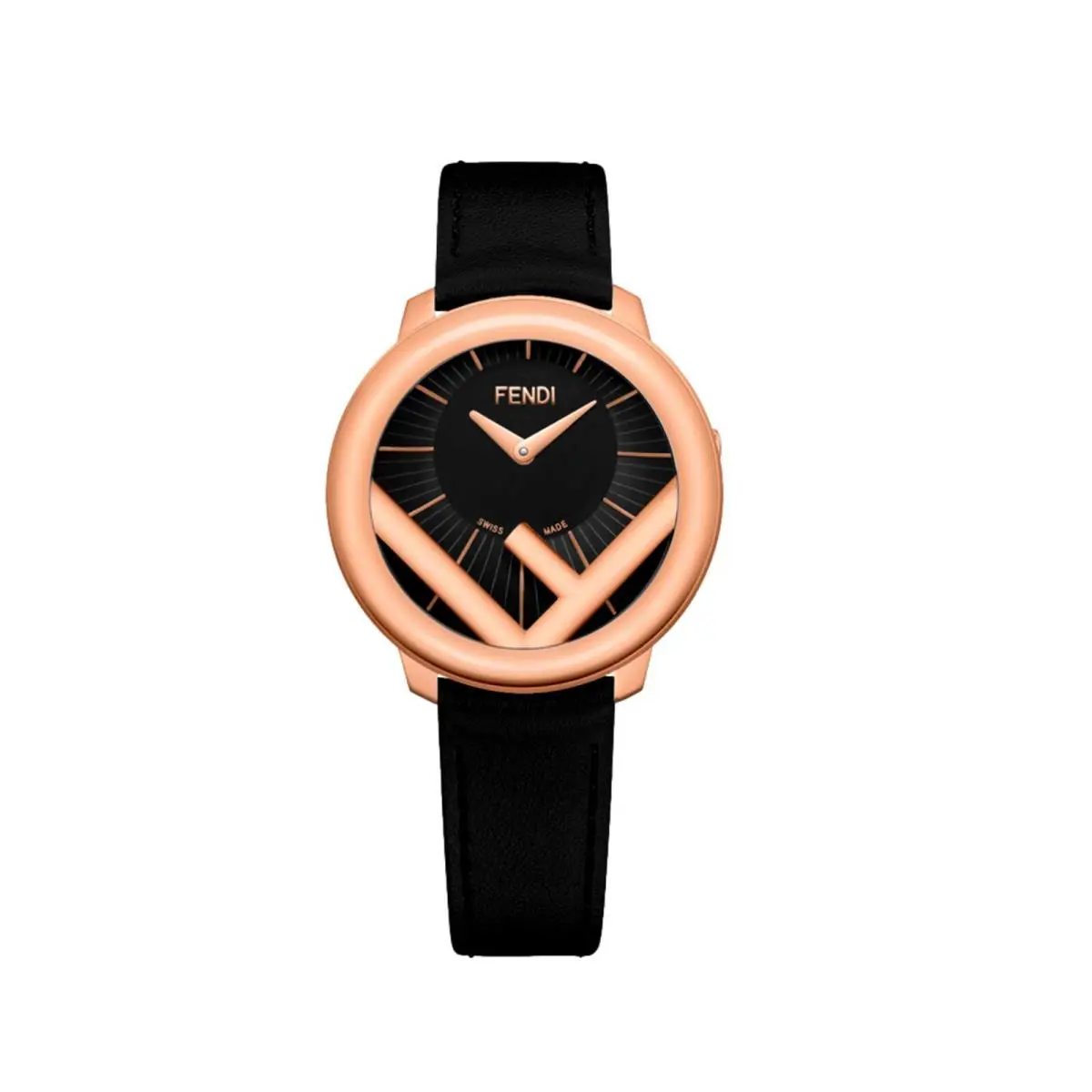 Fendi Run Away Rose Gold Black Calf Leather Fashion Watch 36 MM - Dial: Black, Band: Black, Bezel: Black, Pink