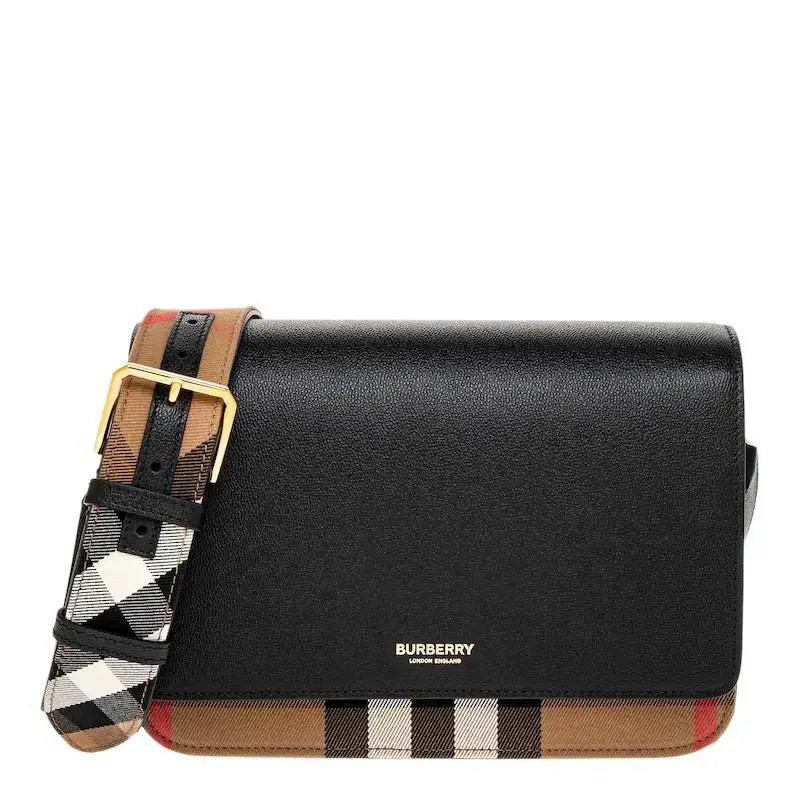 Burberry Women`s Mackford Leather Flip Check Shoulder Bag Black