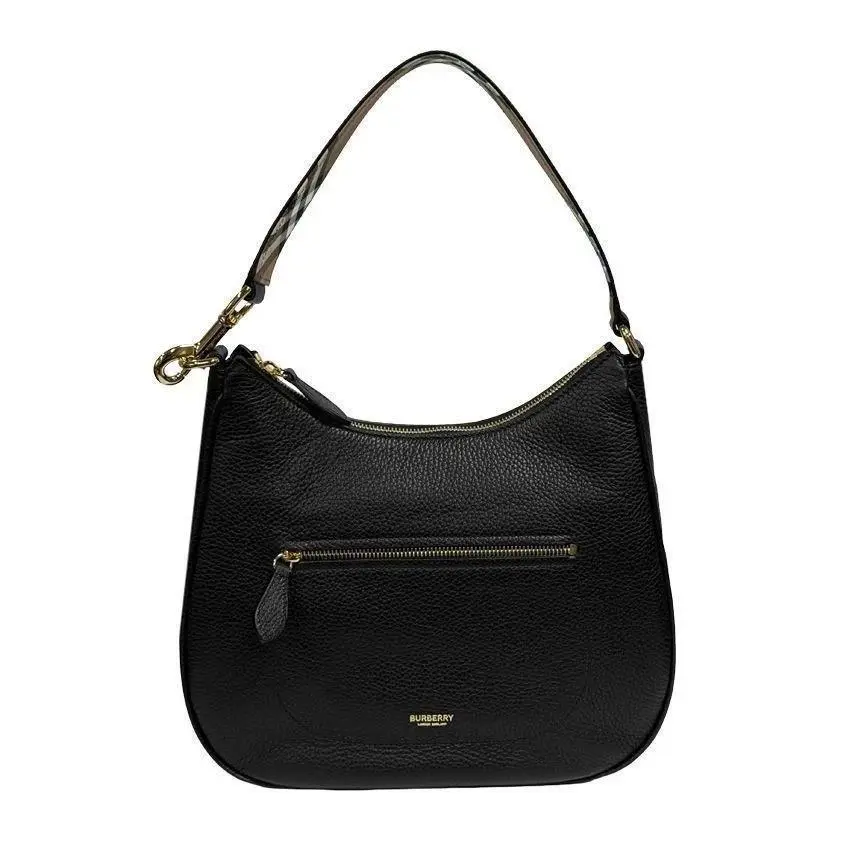 Burberry Women`s Hobo Leather Check Strap Zippered Shoulder Bag Black
