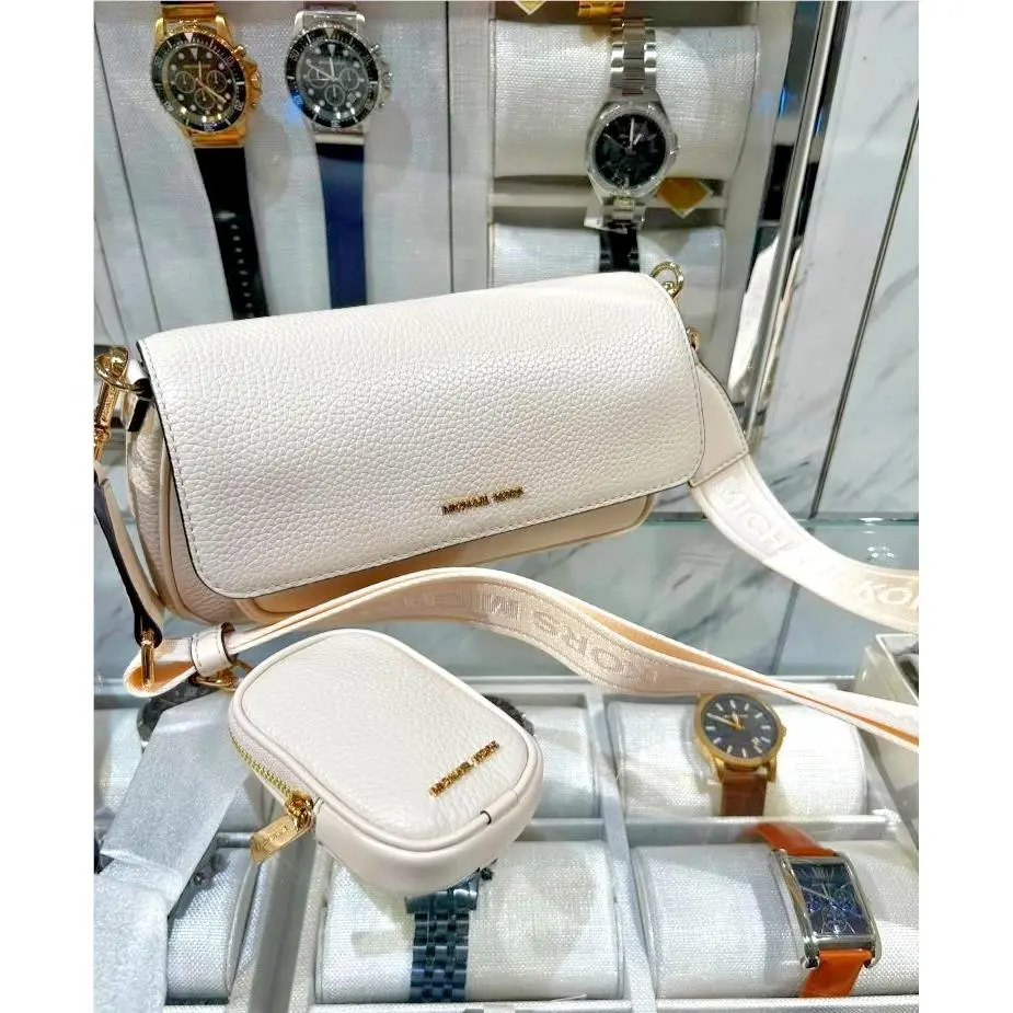 Michael Kors Jet Set Travel Small Grained Leather Shoulder Bag w/ Case LT Cream