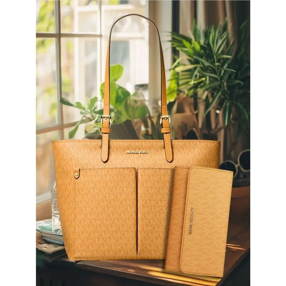 Jet Set Medium Logo Pocket Tote Bag + Bifold Wallet Powder Blush by Michael Kors