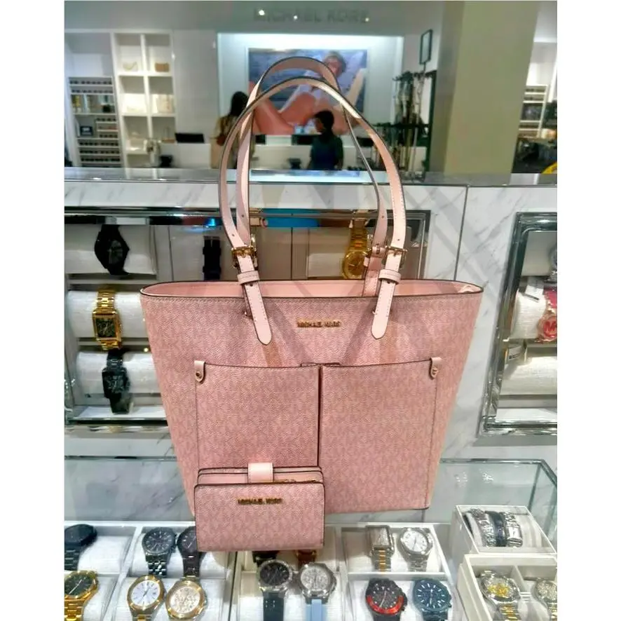 Jet Set Medium Logo Pocket Tote Bag + Bifold Wallet Powder Blush by Michael Kors
