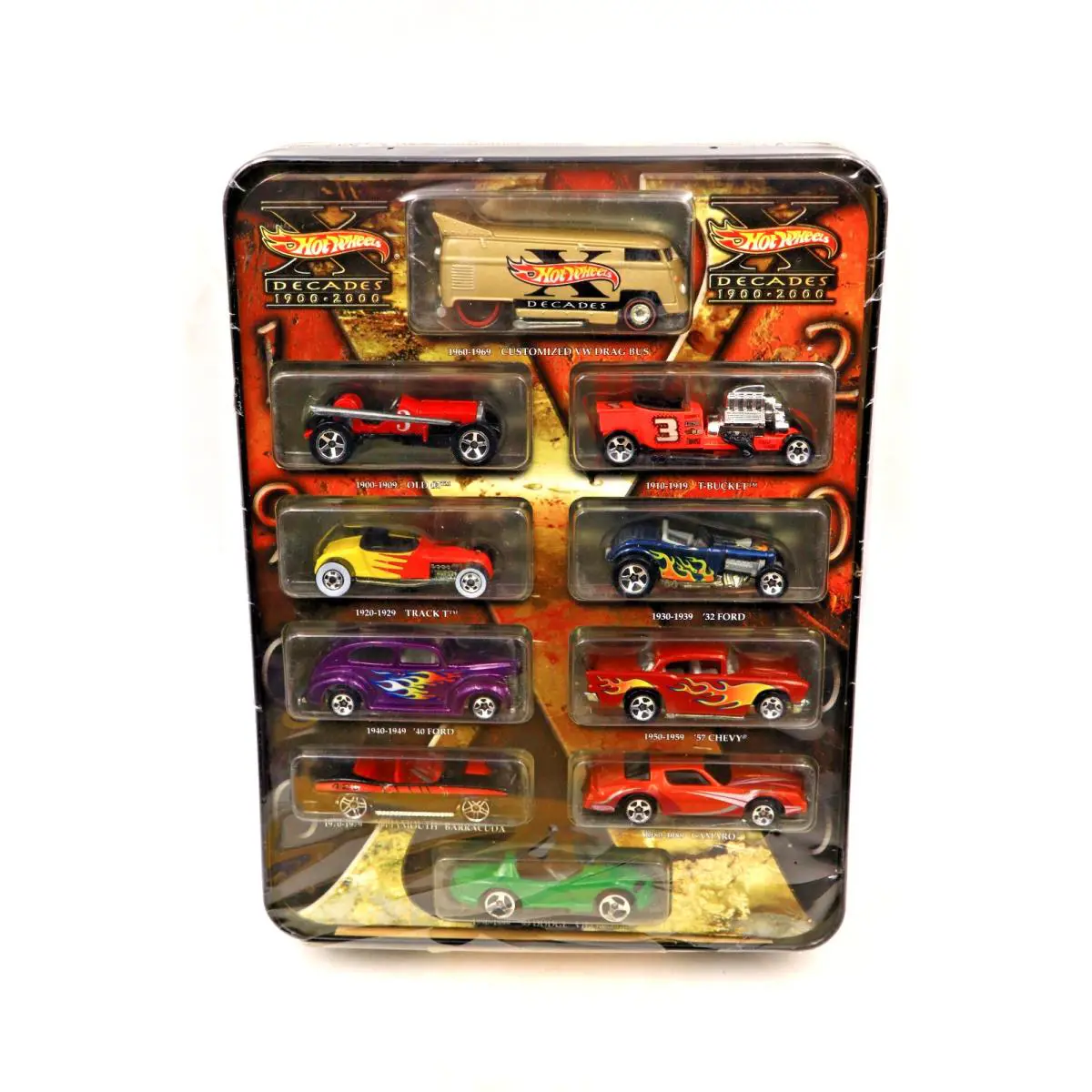 Hot Wheels Decades 1900-2000 Ten Vehicles Cars In Tin with Stand Box Mattel 2002