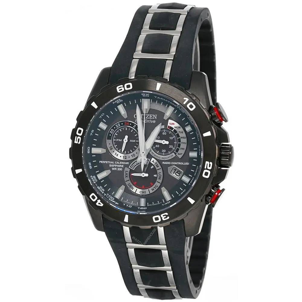 Citizen Pcat Limited Edition Eco Drive Black Dial Strap Men`s Watch AT4027-06E - Dial: Black, Band: Two-Tone, Black, Bezel: Black