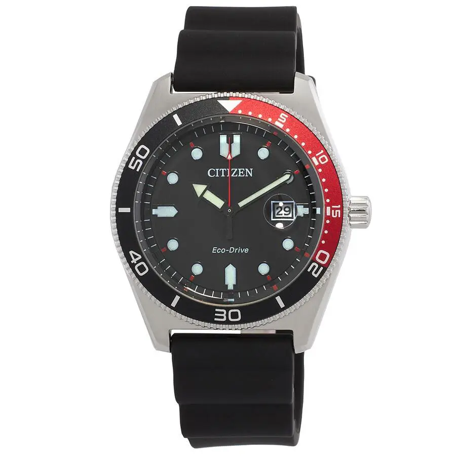 Citizen Marine Eco-drive Black Dial Red Bezel Black Rubber Mens Watch - Strap: Black