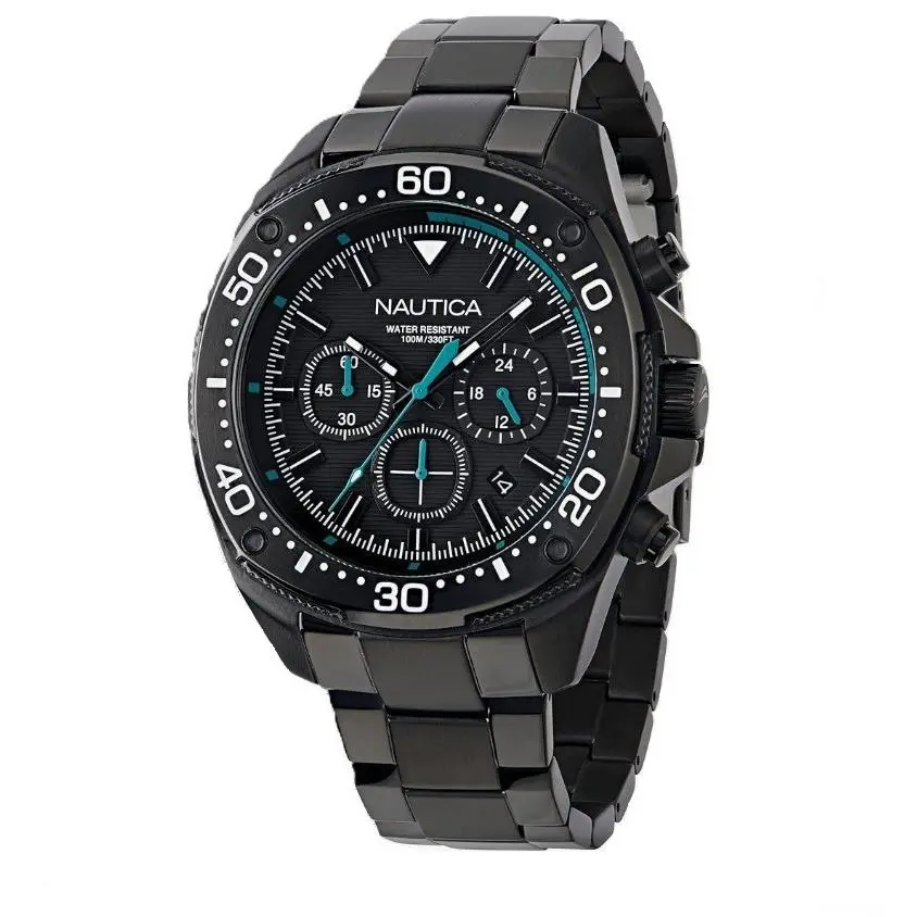 Nautica Sporty Nct Bluesail Chronograph 46mm Black Dial Men`s Watch NAPBSF408 - Dial: Black, Band: Black, Bezel: Black