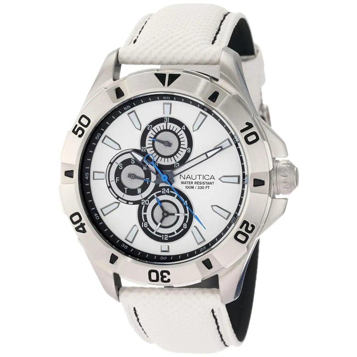 N14577G Nst 06 White Dial White Leather Strap Multifunction Men`s Watch by Nautica