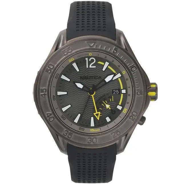 Nautica Diver`s Brushed Gunmetal Case Black Silicone Strap Men’s Watch NAPBRW003 - Dial: Gray, Band: Black