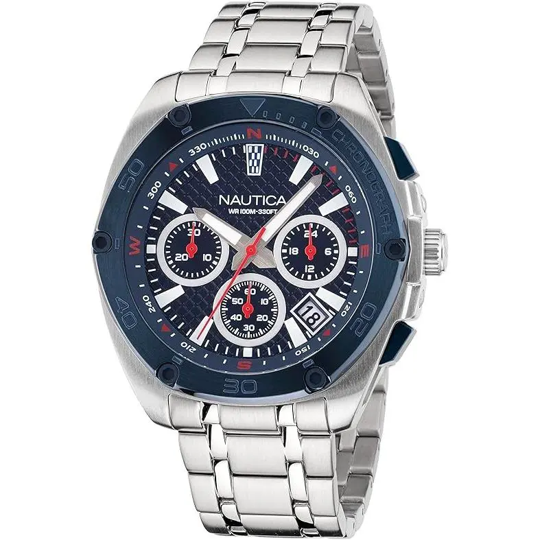 Nautica Tin Can Bay Recycled Stainless Steel and Silicone Mens Watch Box Set - Strap: Blue/Silver