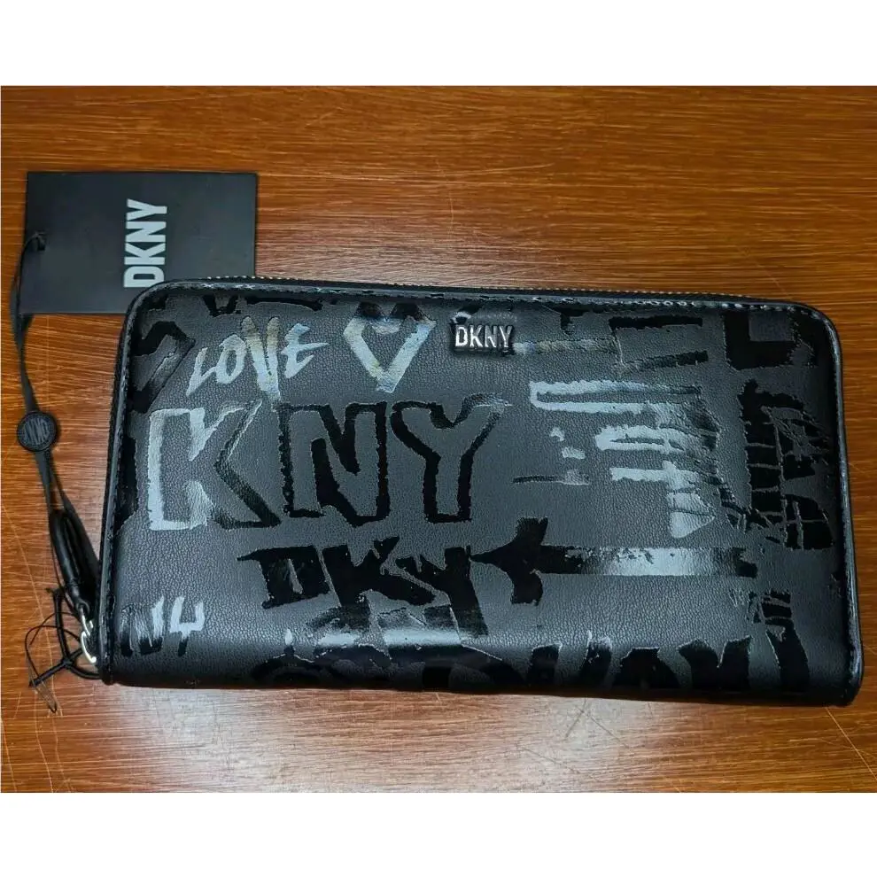 Dkny Vela Black Leather Embossed Logo Large Zip Around Wallet