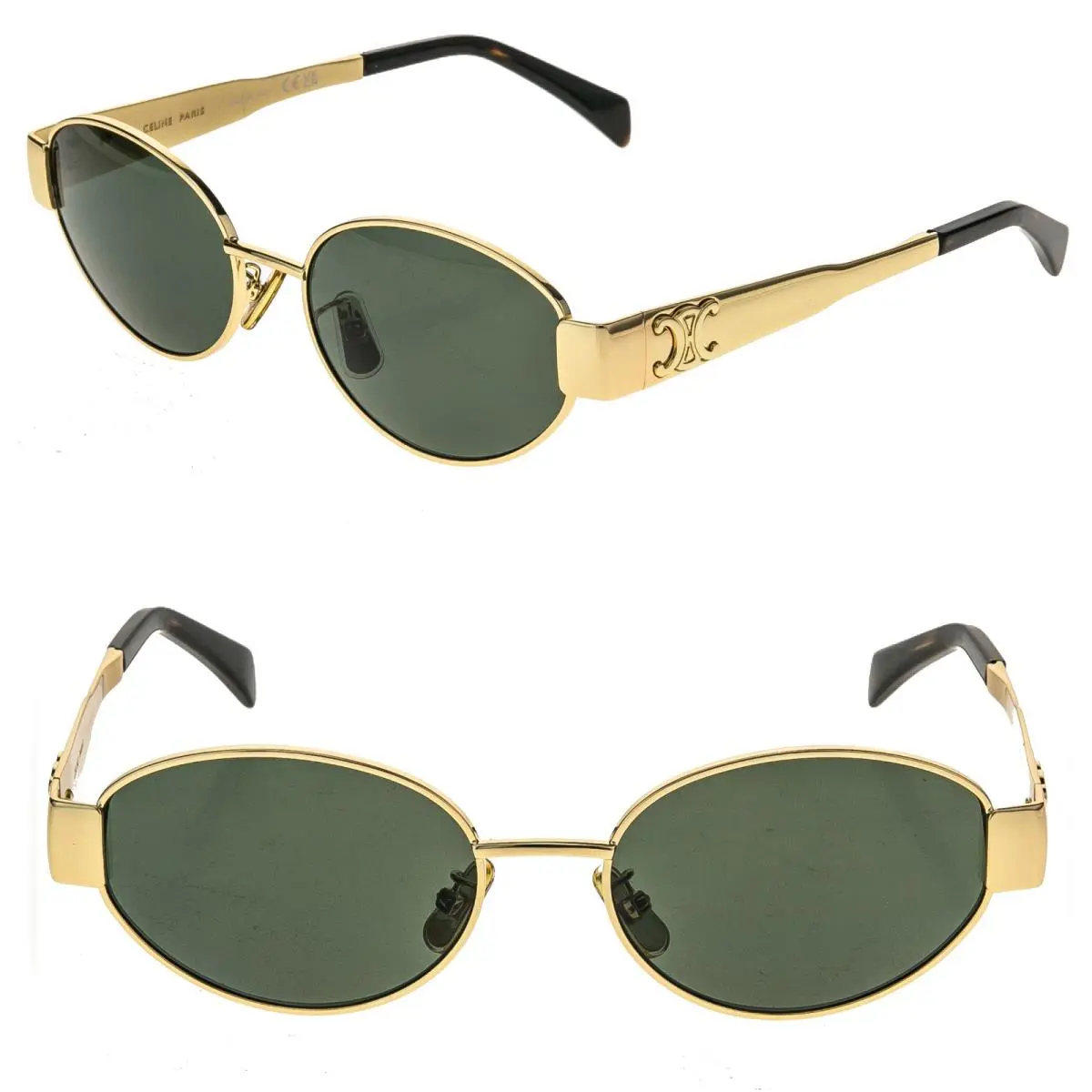 Celine CL40235U 40235 Metal Triomphe Green Gold Logo Oval Unisex Sunglasses 30N