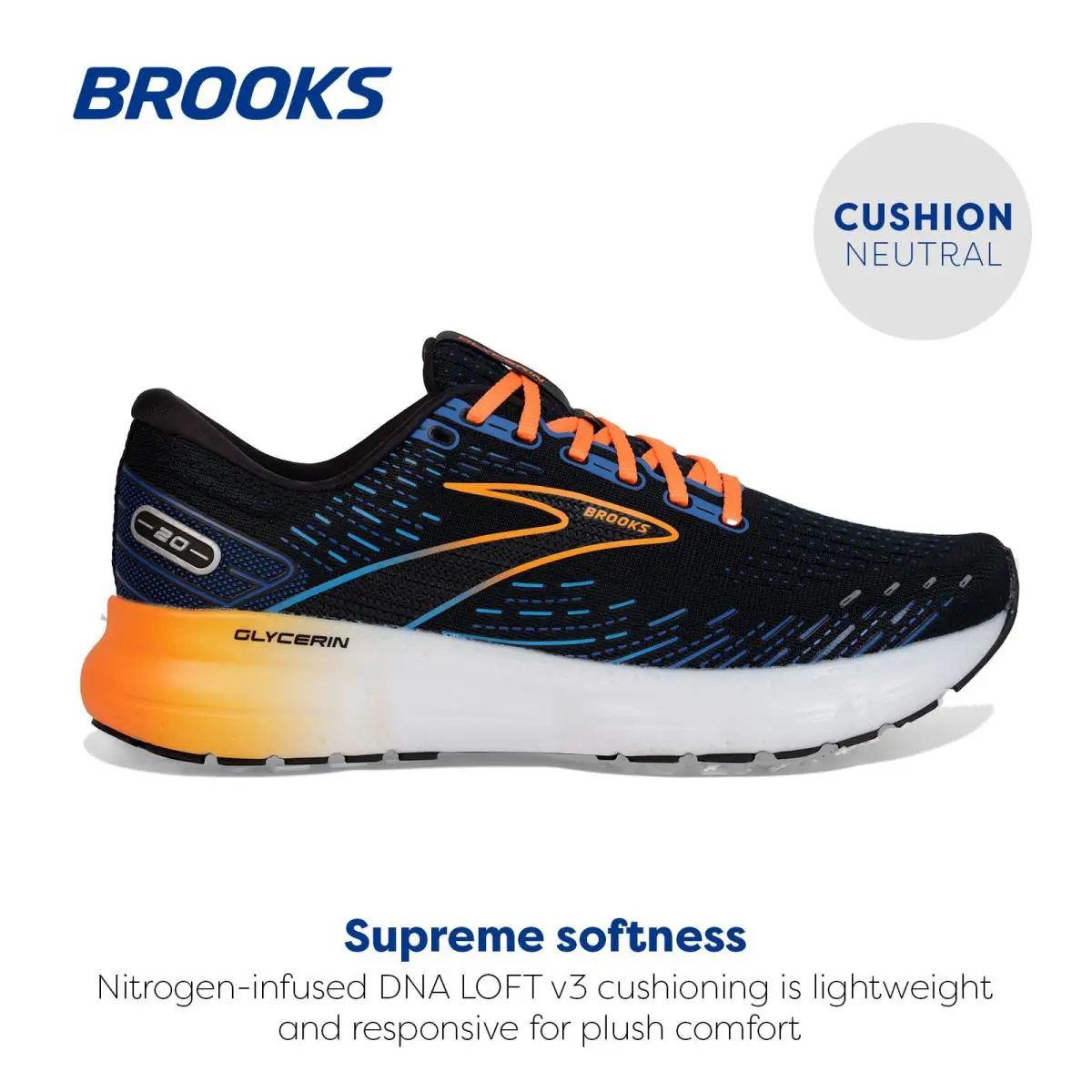 Brooks Men`s Glycerin 20 Running Shoe 2E Wide - Black/Classic Blue/Orange