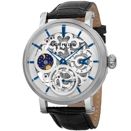 Akribos Xxiv AK745SS Mechanical Skeleton Am/pm Dual Time Leather Band Mens Watch