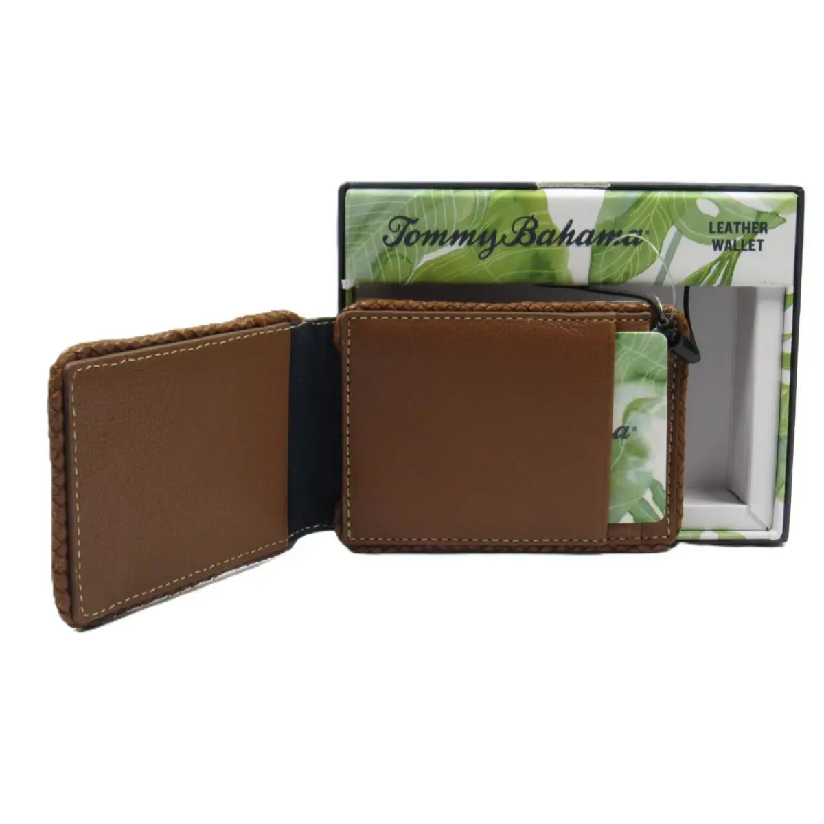 Tommy Bahama Men`s Magnetic Card Case/money Clip Wallet Leather Tan