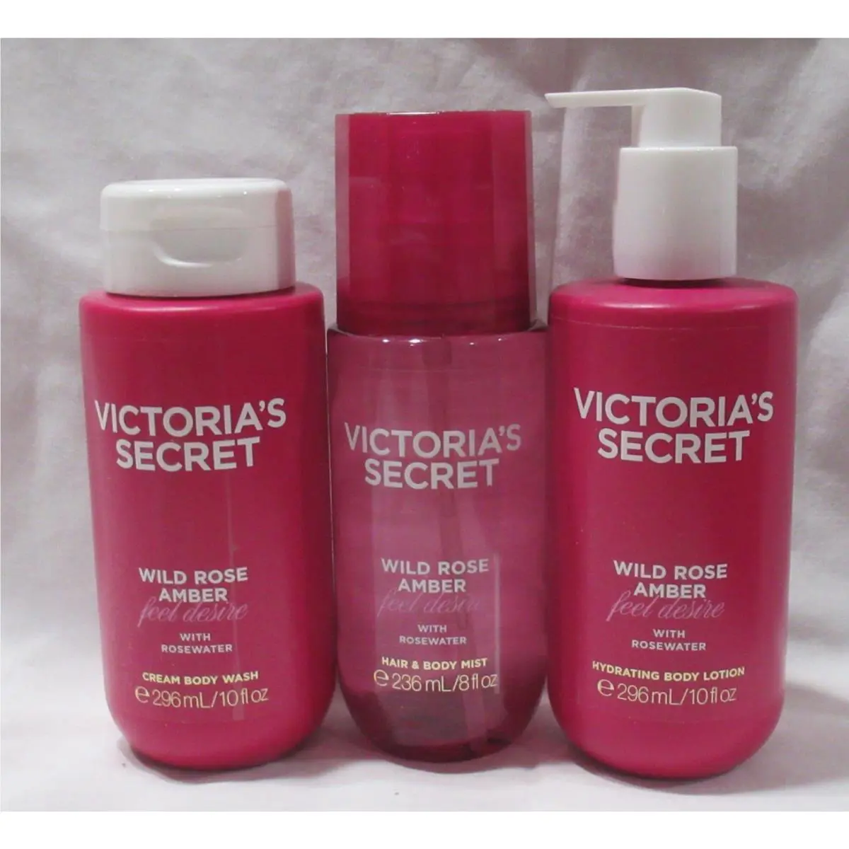 Victoria`s Secret Creamy Body Wash Hair Mist Lotion Set Lot 3 Wild Rose Amber