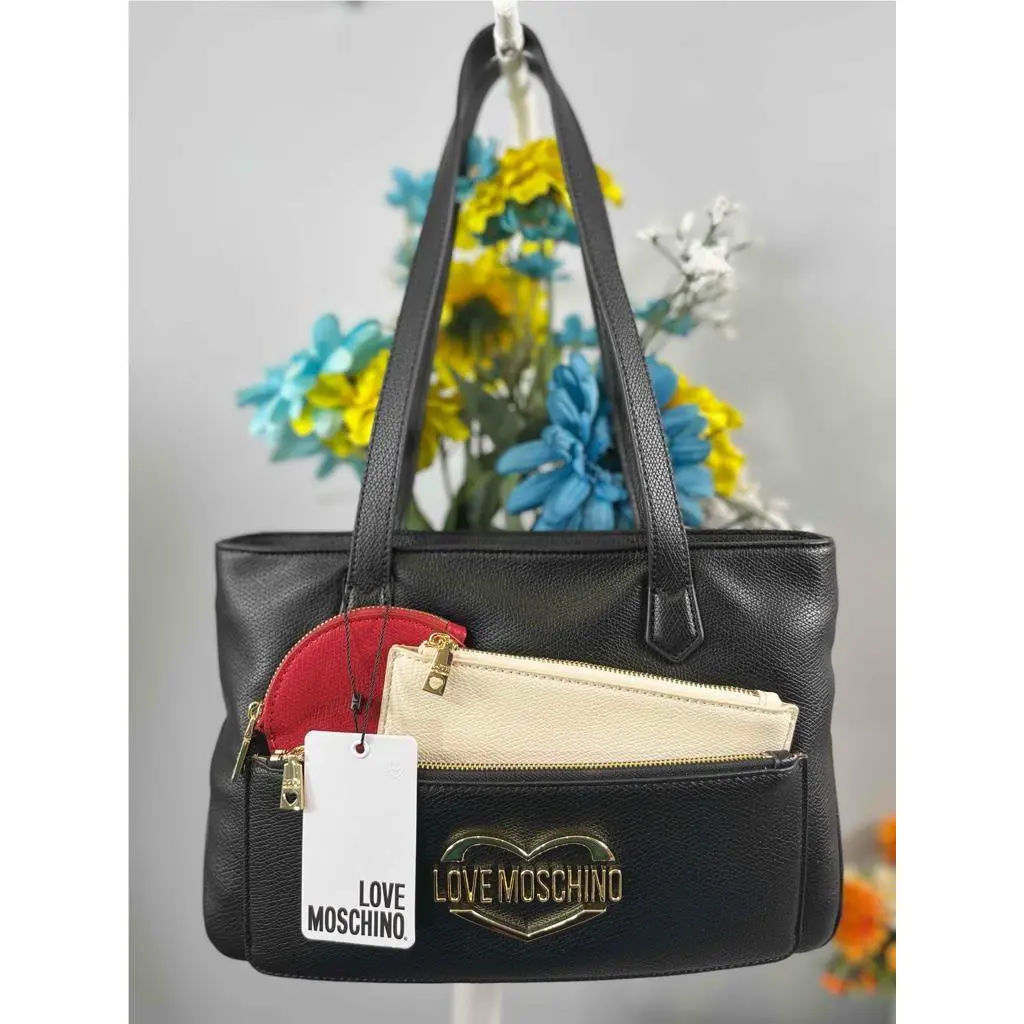 Love Moschino Tri-color Pouches Black Leather Shoulder Bag