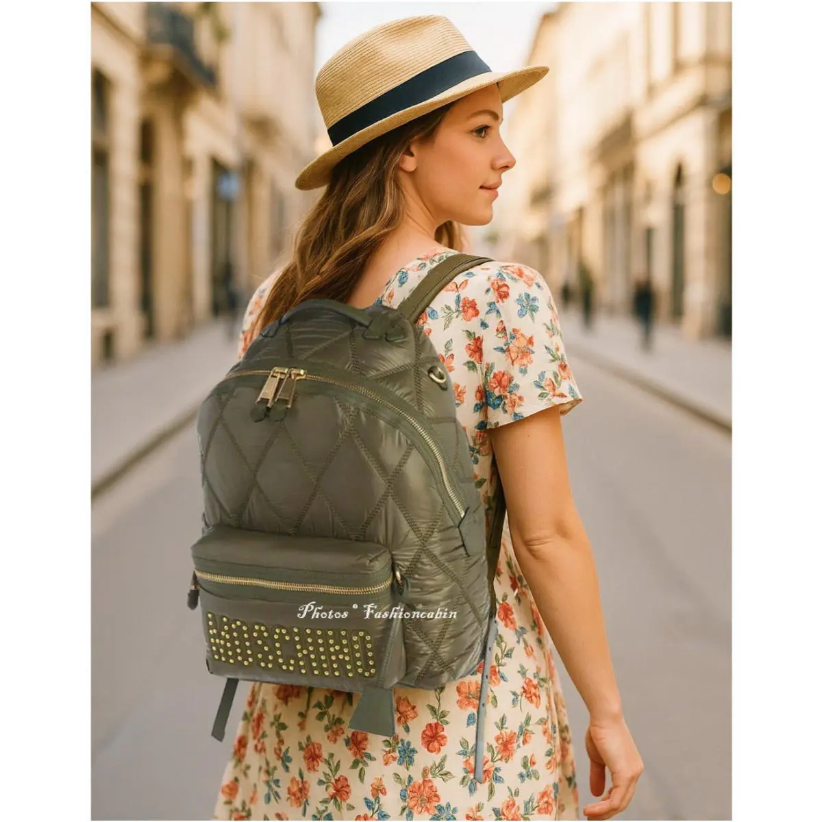 Moschino Quilted Logo Nylon Backpack W/studs Military Green