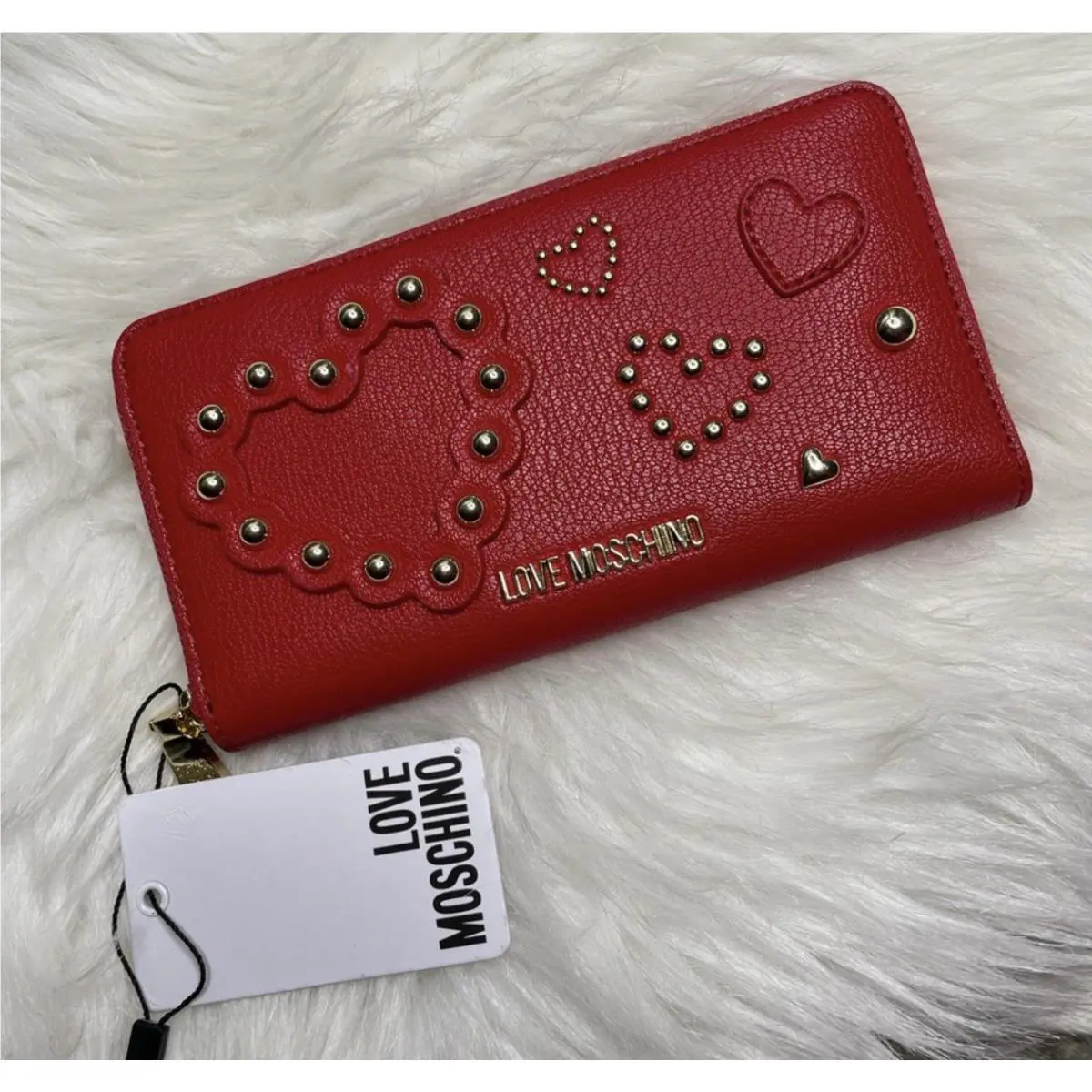Love Moschino Red Gold Studded Heart Logo Zip Wallet Rare