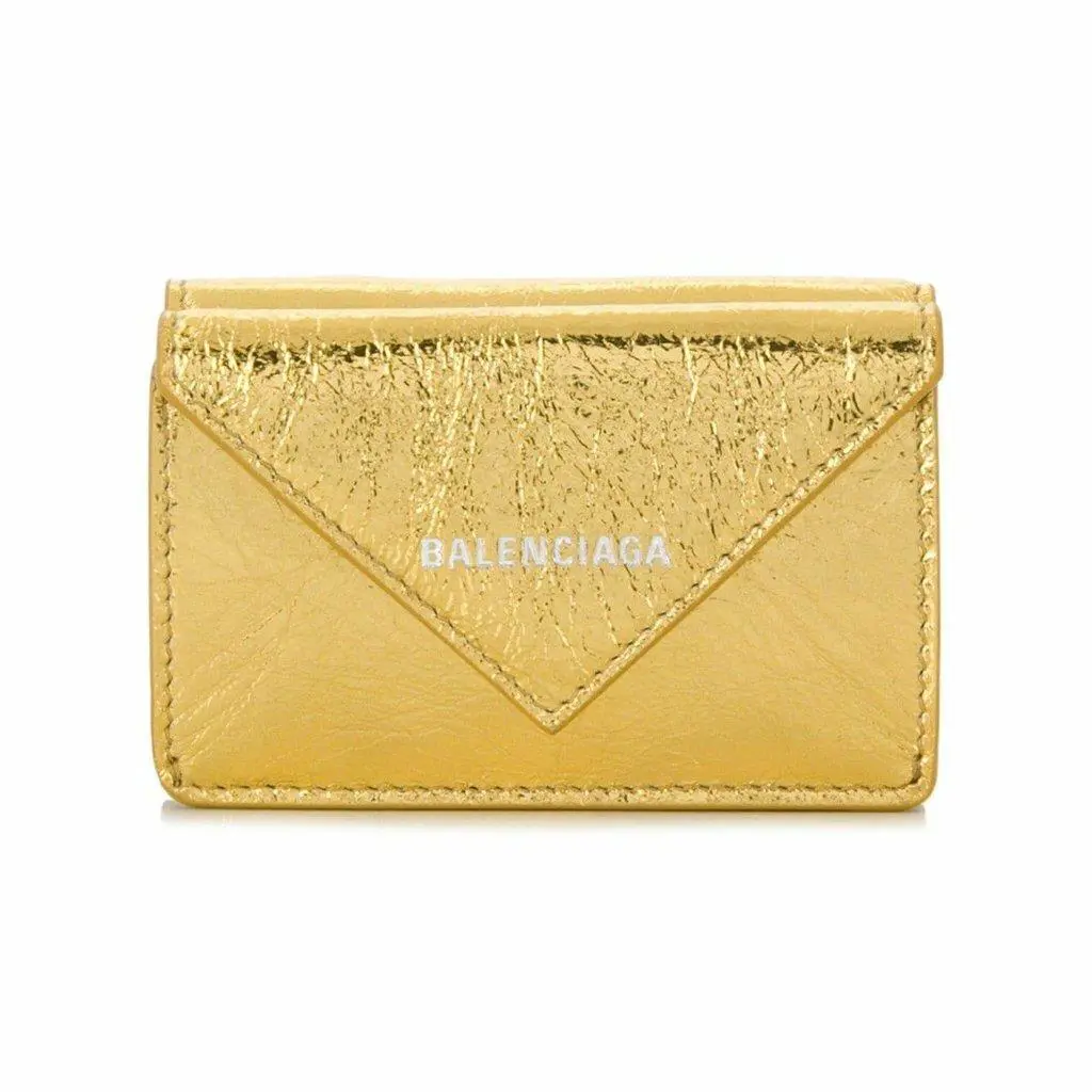 Balenciaga Papier Metallic Gold Arena Lambskin Leather Mini Trifold Wallet