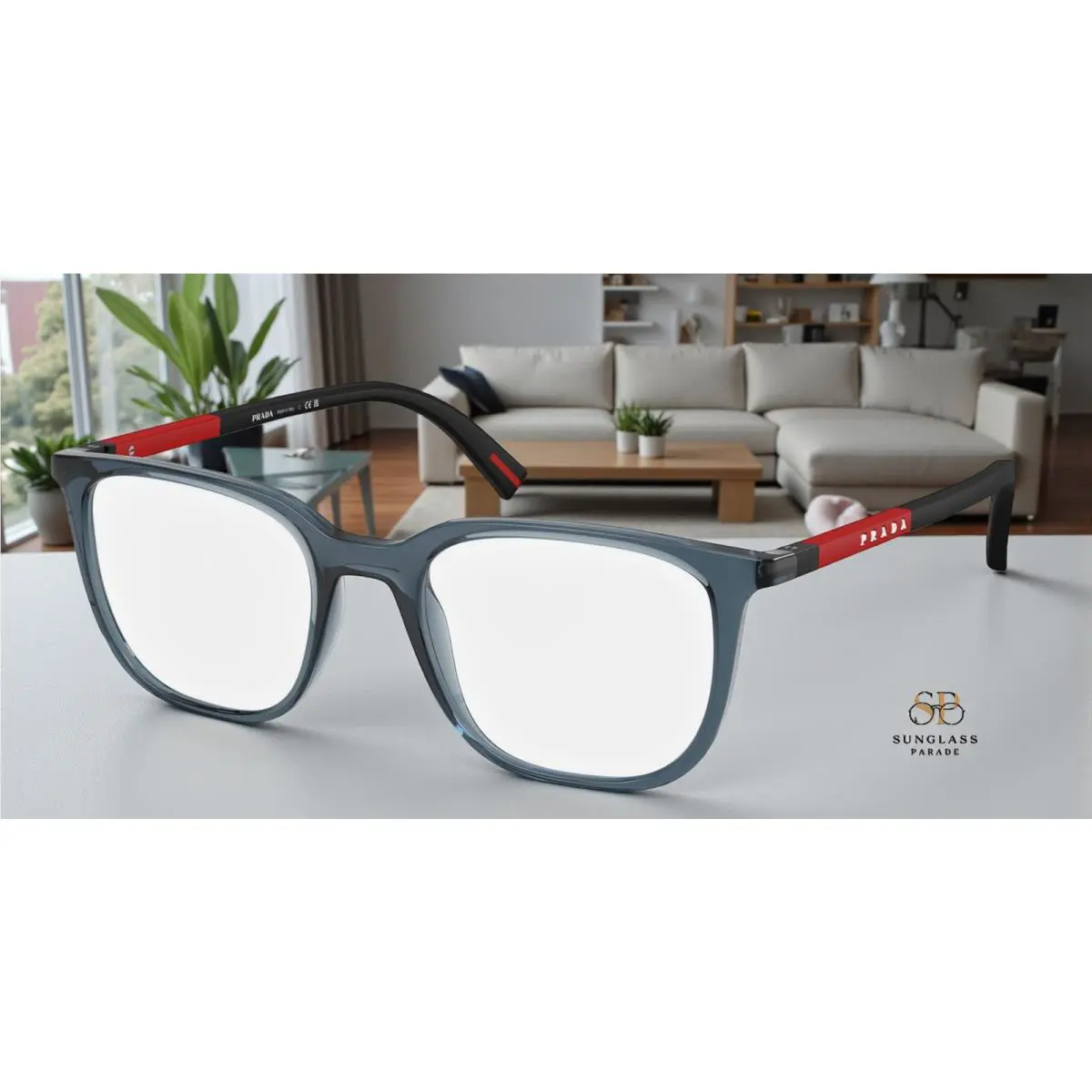 Prada Linea Rossa PS 04RV CZH1O1 Transparent Blue Demo Lens 48mm Mens Eyeglasses