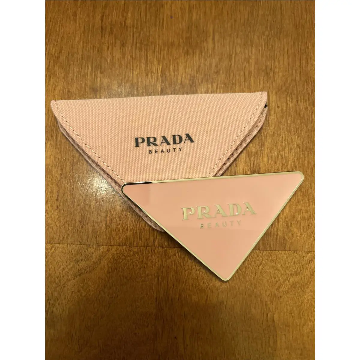 Prada Beauty Logo Triangle Hand Held Purse Mirror Fitted Pink Case